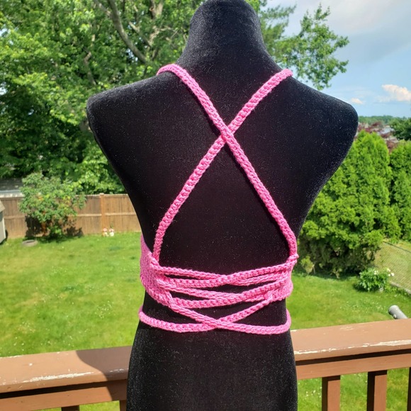 Crop Top BARBIECORE PINK Crochet Festival Cotton B CUP Adjustable Size - Picture 6 of 8